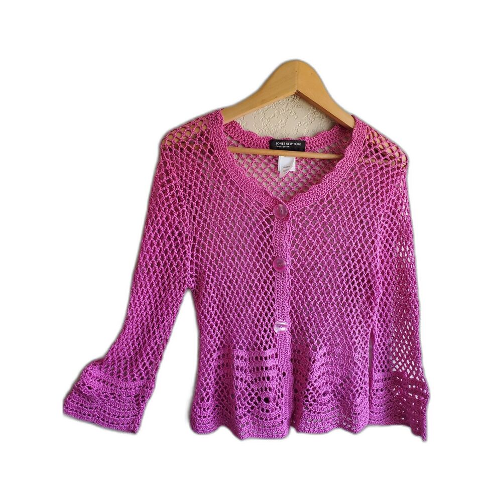 Jones New York Crocheted Open Knit Sweater Cottage Core Barbie Pink Button Up L